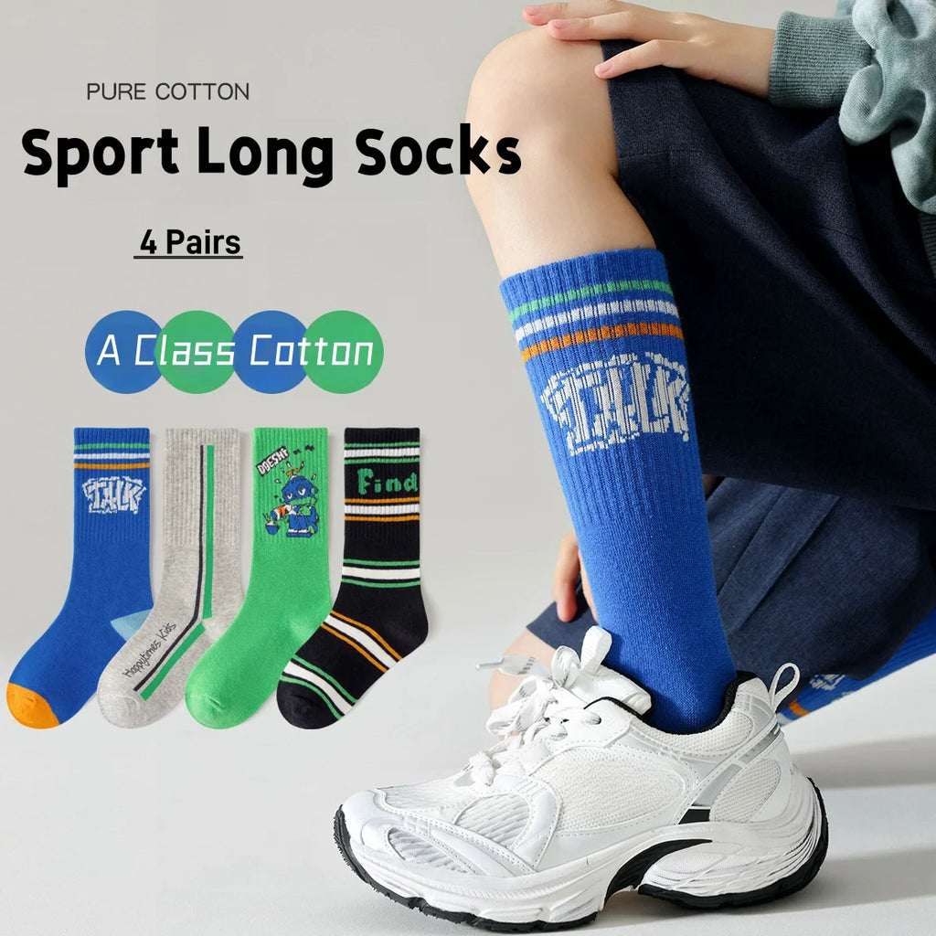 4 Pairs Long Socks Children's Newest Tennis Socks Knee Socks Cotton Striped Sporty Socks Boys Girls Skating Athletic Socks