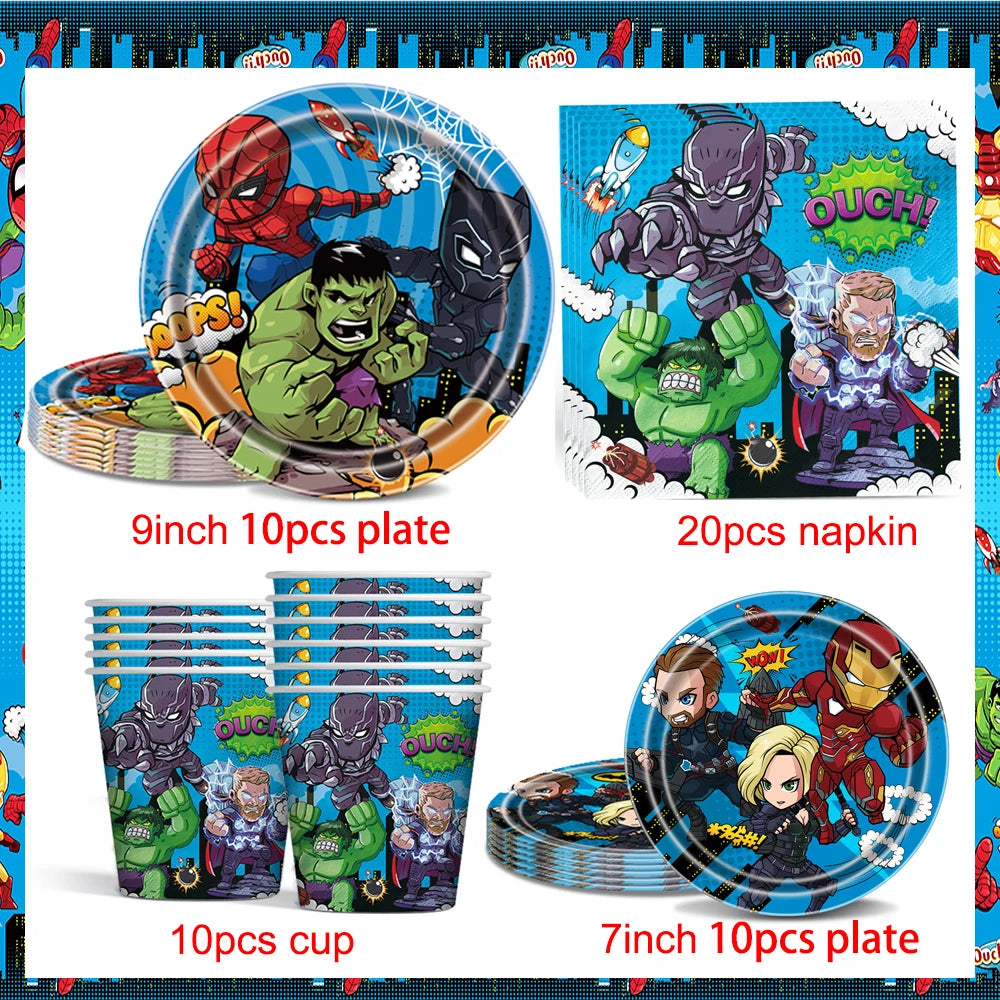 Marvel The Avengers Birthday Supplies Disposable Plate Napkin Cup Tablecloth Balloon for Kids Boy Superhero Party Decorations