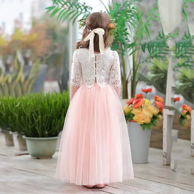 Children Set Clothing for Girls Half Sleeve Lace Top+Champagne Pink Long Skirt Kids Clothes 0-10T E17121
