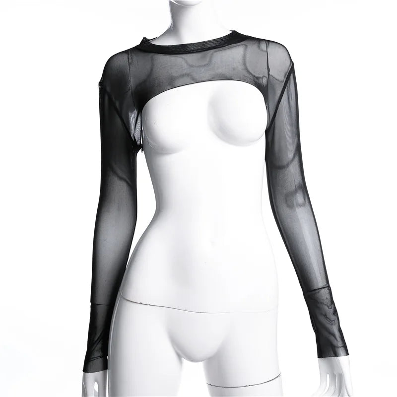 Hot Summer Sexy Top Ultra Short Perspective Round Neck Long Sleeve Solid Color Transparent T-shirt Women's Top
