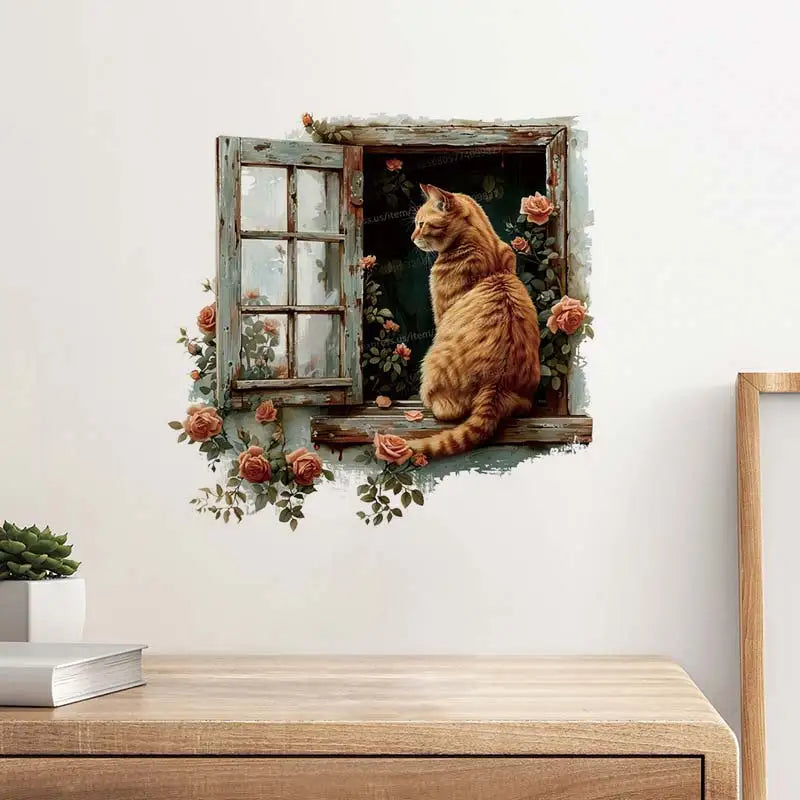 Cartoon Cat Window Wall Sticker Living Room Sofa Background Decoration Wallpaper For Home Decor Kids Room Art Decals M984