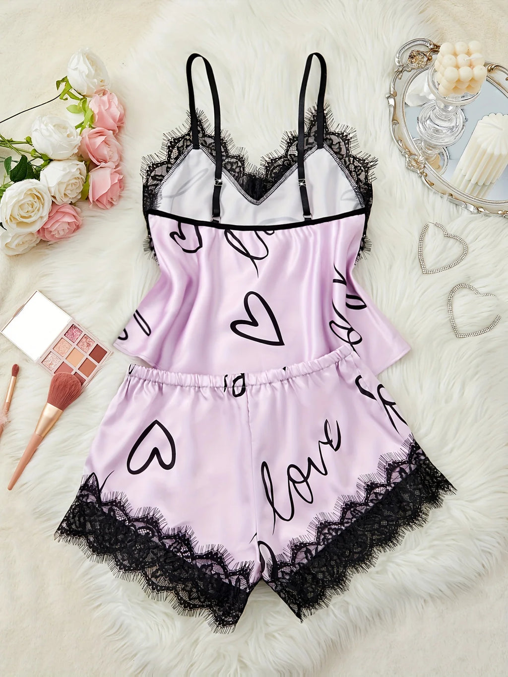 Women‘s Milk Silk Pajamas Set Summer Sleeveless Yellow Heart Print Lace Trim Soft Summer Sleepwear Lounge Sets Nightwear