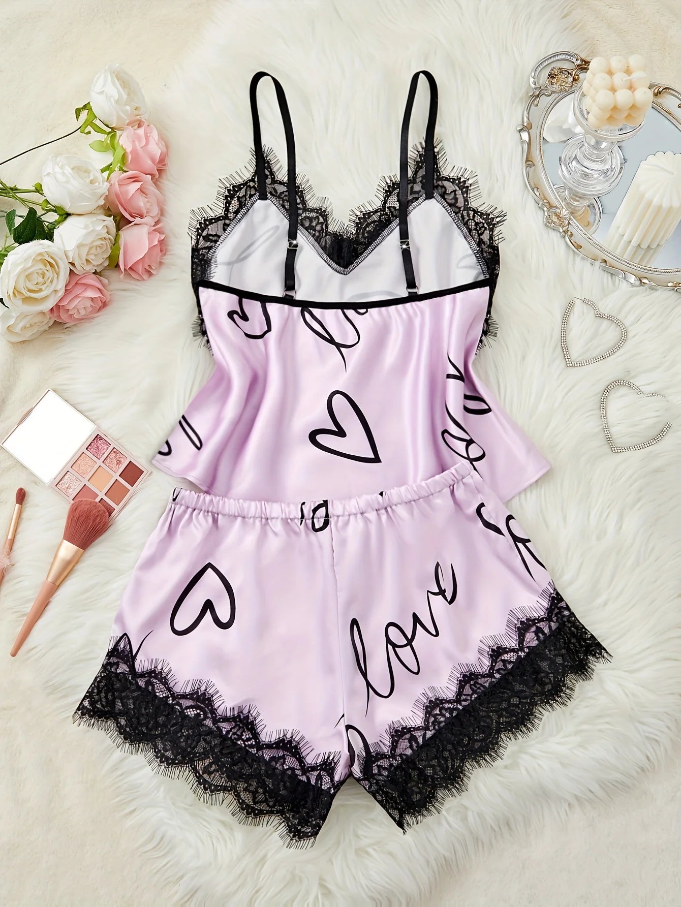Women‘s Milk Silk Pajamas Set Summer Sleeveless Yellow Heart Print Lace Trim Soft Summer Sleepwear Lounge Sets Nightwear