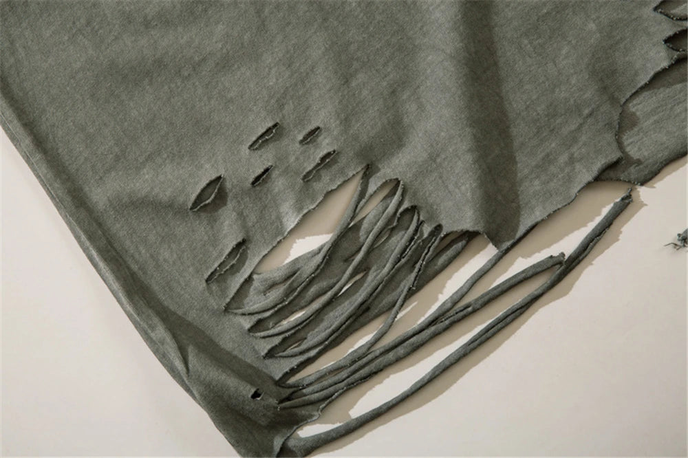 Hip Hop Tank Tops Men's Vintage Washed Sleeveless T-Shirt Hole Harajuku Dancing Breathable Tops with Necklace Streetwear