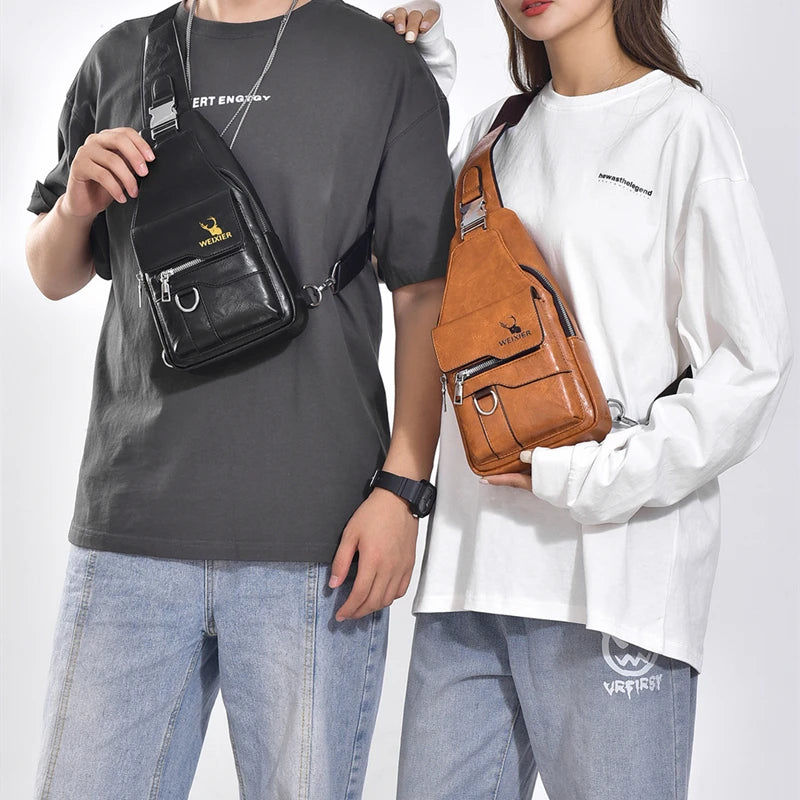 New PU Leather Crossbody Bag Vintage Casual Chest Bag Men Women Large Capacity Waterproof Sling Bag Simple Business Shoulder Bag