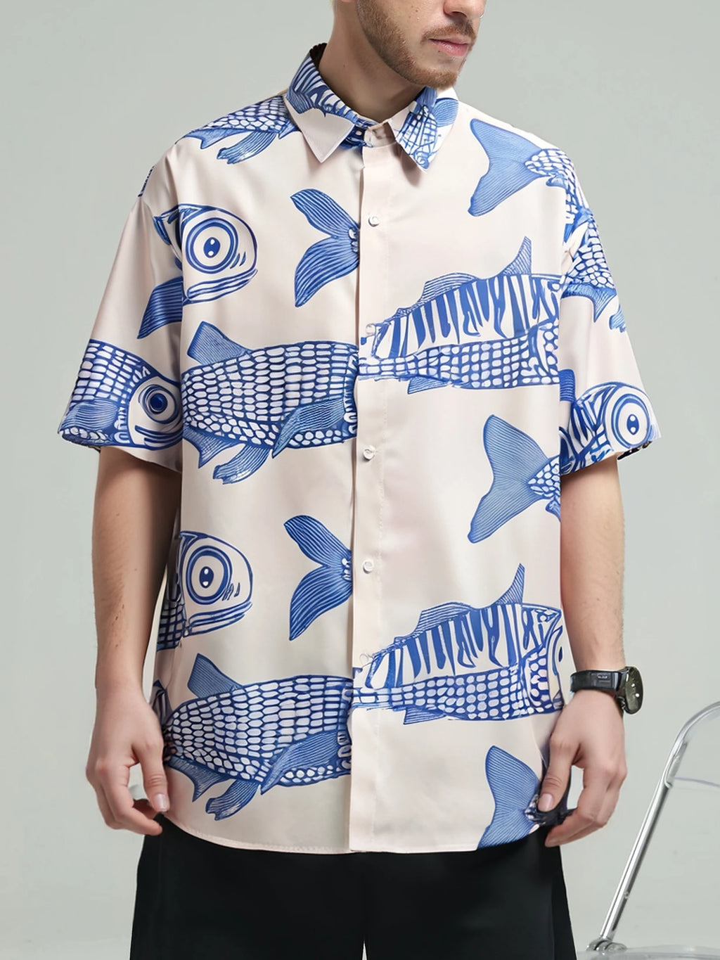 Oversized Loose Men Shirt American Style Summer Fried Street Fashion Small Fish Print New Personalized Mens Casual Shirts