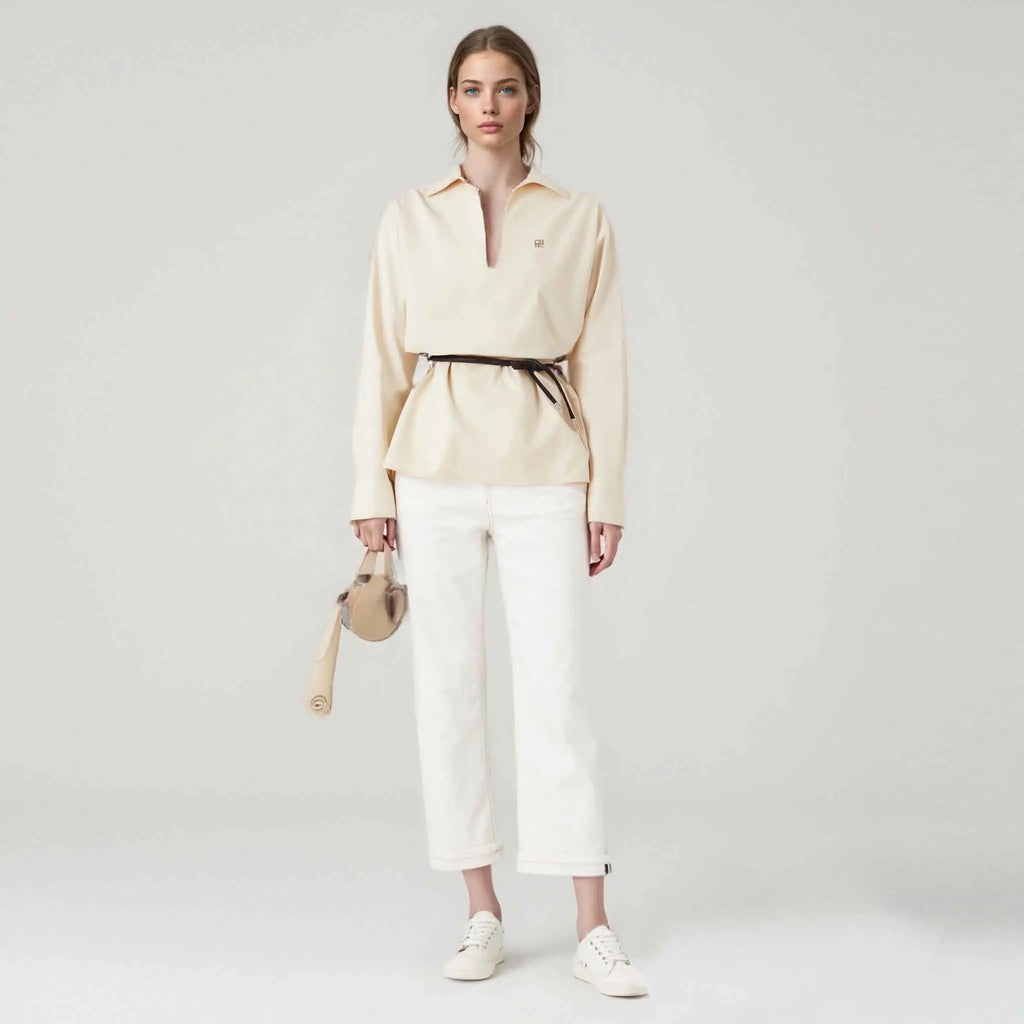 Women Shirts Elegant Soild Embroidery Casual Tops V Neck Long Sleeve Belt Decoration Loose Tops Fashion Office Ladies Shirts