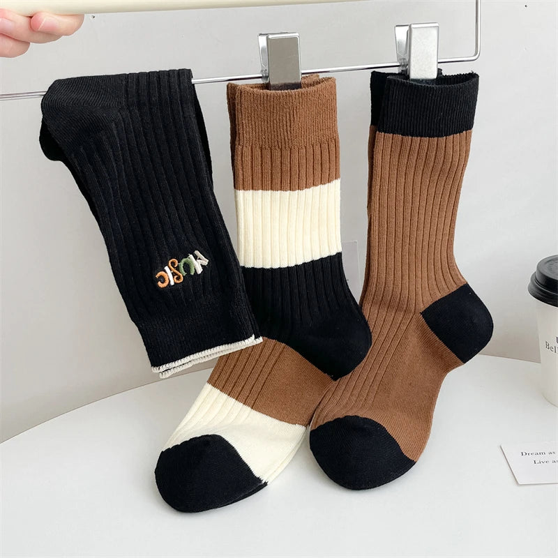 Socks For Women New Fashion Autumn Striped Cotton Long Socks Breathable Soft Korean Style Cute Embroidery Girls Casual Comfort