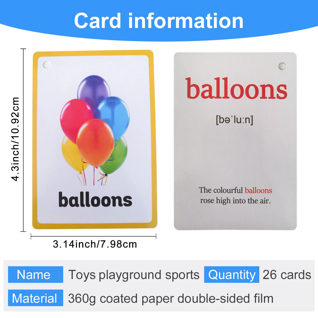 26Pcs Toy Playground & Sports Theme English Flashcards for Kids Children Homeschool Vocabulary Early Educational Cognitive Cards