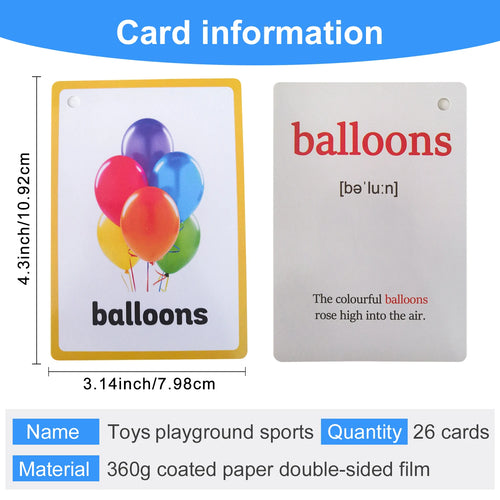 26Pcs Toy Playground & Sports Theme English Flashcards for Kids Children Homeschool Vocabulary Early Educational Cognitive Cards