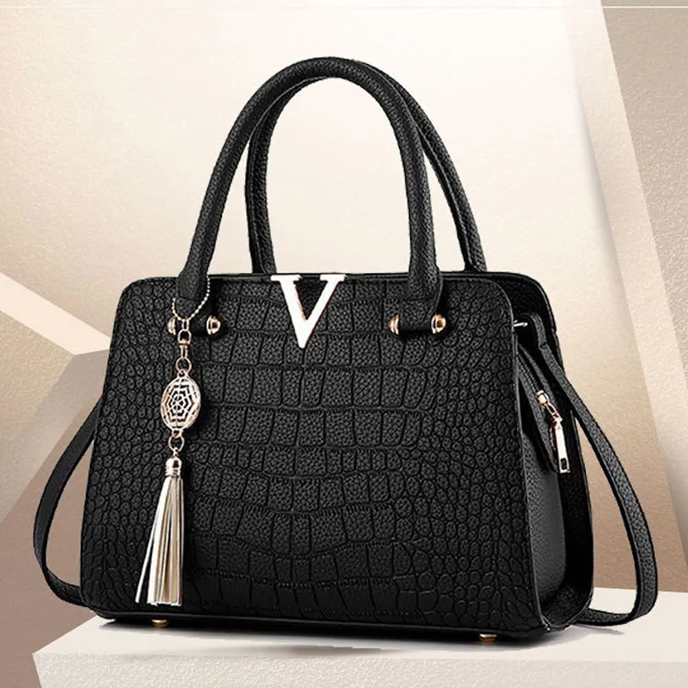 Women's Crocodile-Print Handbag New PU Leather Tassel Shoulder Bag Large Capacity Handle Bag Lady Purse For Outdoor Shopping