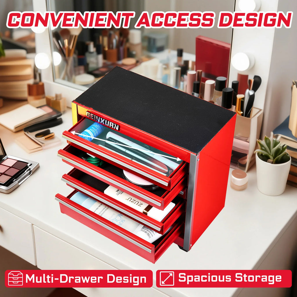 Geinxurn Mini Tool Box, Red Portable 3 or 5 Drawer Micro Roll Cab Steel Stackable Tool Cases with Magnetic Tab Locking