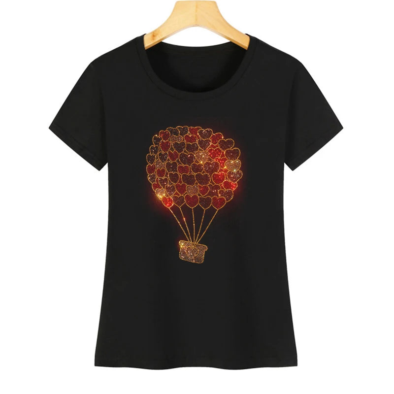 Super flash love balloon hot diamond women's T-shirt hot summer short-sleeved diamond shiny lady round collar cotton T-shirt