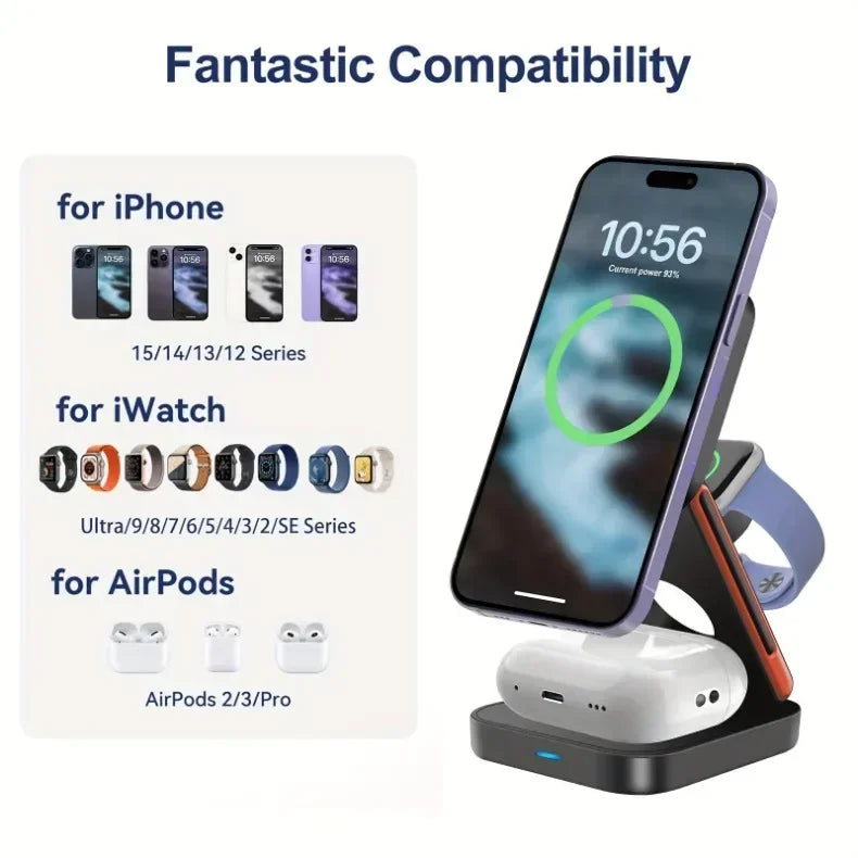 3 in 1 Fast Charging Station Foldable Magnetic Wireless Charger Stand for iPhone 17 16 15 14 13 12 iWatch 10-2 Airpods Pro Max