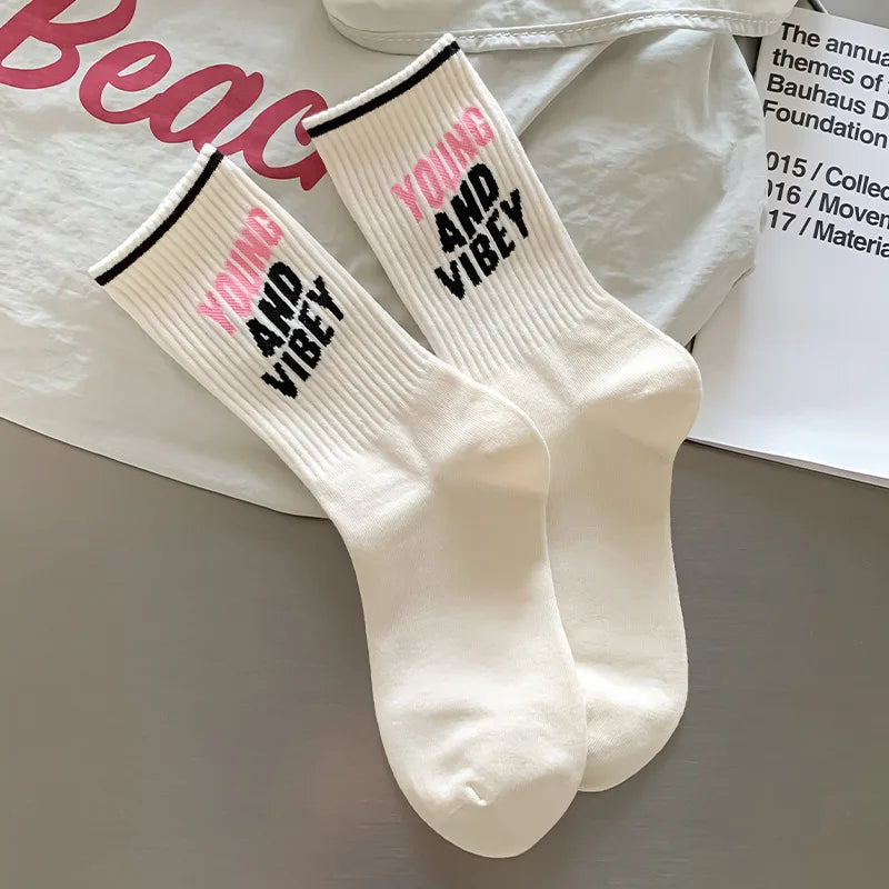 5 pairs of sports socks for women in autumn winter with striped letters sweat absorbing odor proof retro women's socks