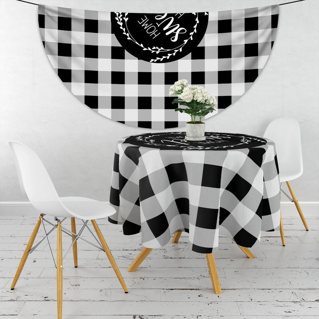 1 Piece Black White Checkered Circular Tablecloth Waterproof Dining Table Cover Lemon Bohemian Style 63 inch Tablecloth