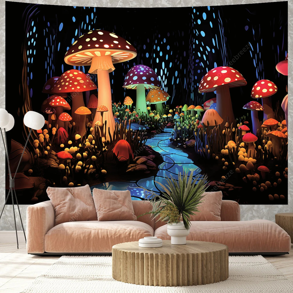 Fantasy Mushroom UV Reactive Tapestry Beautiful Floral Plant Tapestry Wall Hanging Gothic Home Wall Decor Room Decor Aesthetic