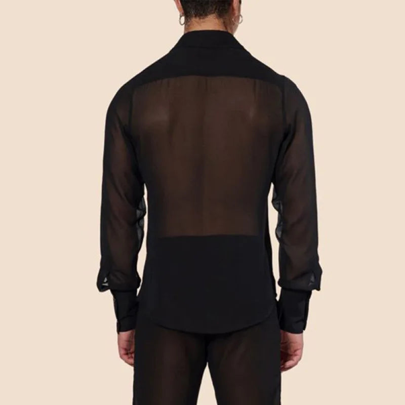 Men's Clothing Mesh See Through Mesh Sexy Long Sleeve Shirt Solid Color Button-down Vintage Streetwear Retro Party Tops S-3XL