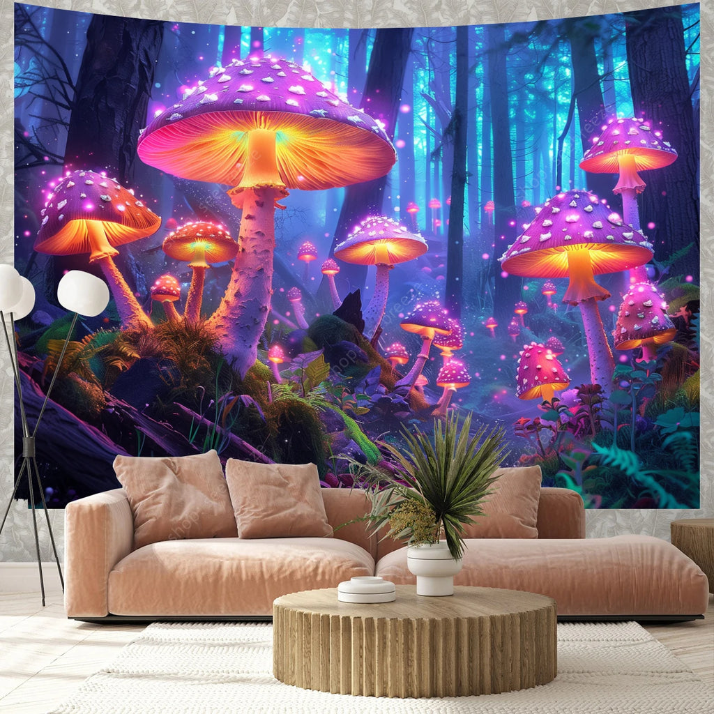 Fantasy Mushroom UV Reactive Tapestry Beautiful Floral Plant Tapestry Wall Hanging Gothic Home Wall Decor Room Decor Aesthetic