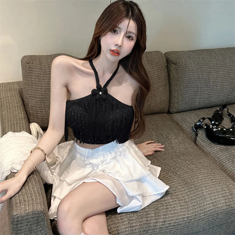 Summer Sexy Tassel Halter Camisole Women Solid Color Sleeveless Slim Tank Top
