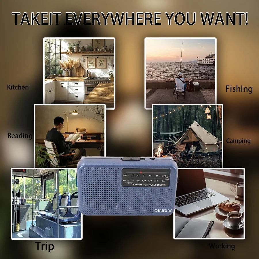 AM/FM portable radio with high sensitivity and high sound quality, uses durable No. 7 batteries, built-in high quality