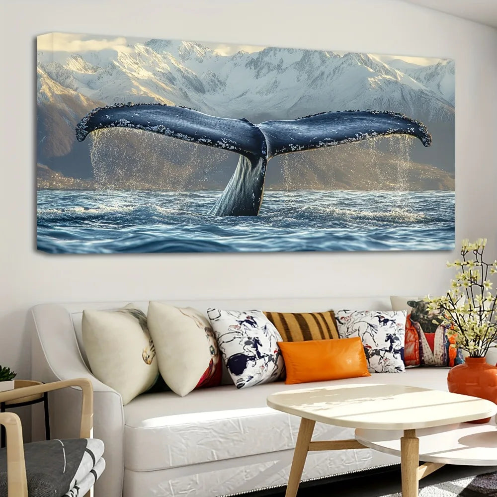 1.5 inch thick pine solid wood frame, whale tail mural canvas art, marine-themed printed posters, interior decor