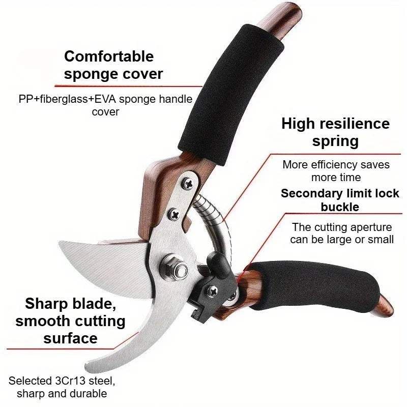 Garden Pruning Shears - Labor-Saving Spring, Sharp Blade, Bent Head, Glass Fiber Wood Grain Sponge Handle