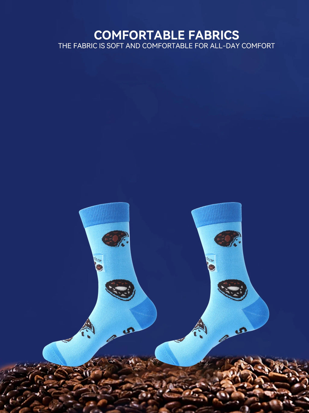1 pair of mid-calf socks for men and women in a novelty coffee design, practical and suitable for holiday gifting.
