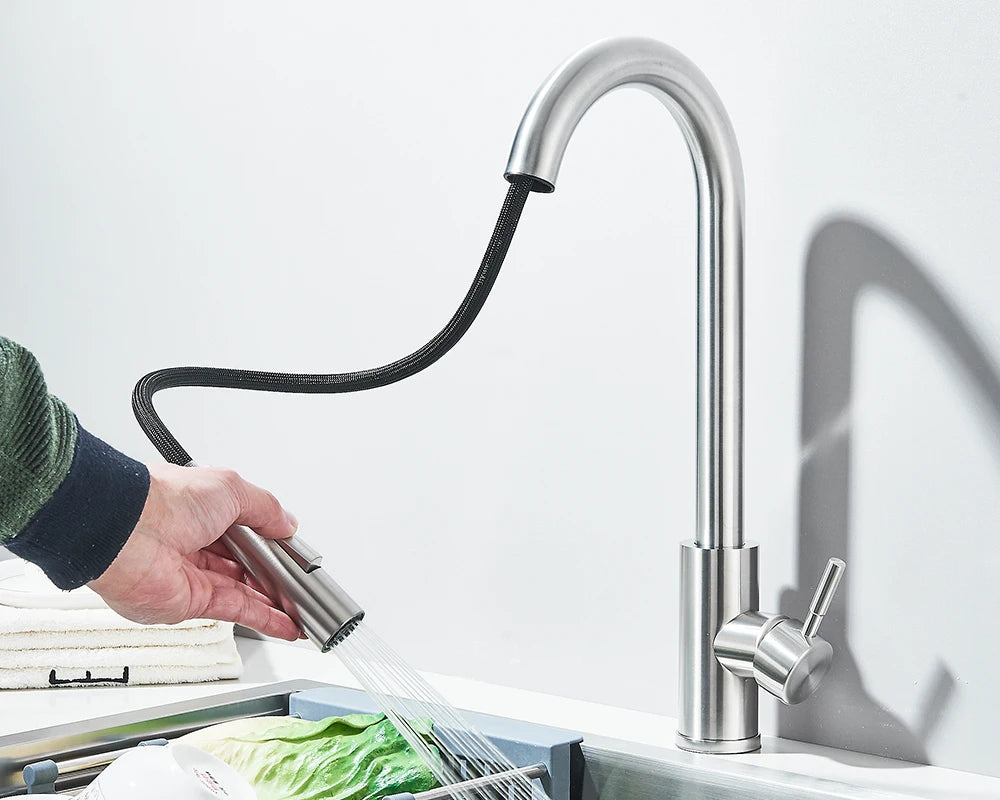Pull Down Kitchen Sink Faucet Pull Out Two Function Single Handle Hot and Cold Water Mixer Taps Deck Mounted