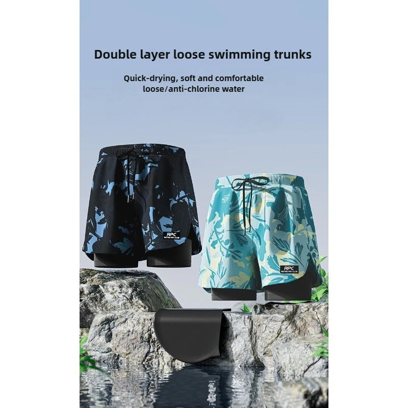 Mens Style Swimming Trunks for Adults Double layer Quick Drying Beach Pants Antiembarrassing Hot Spring Casual Shorts for Summer