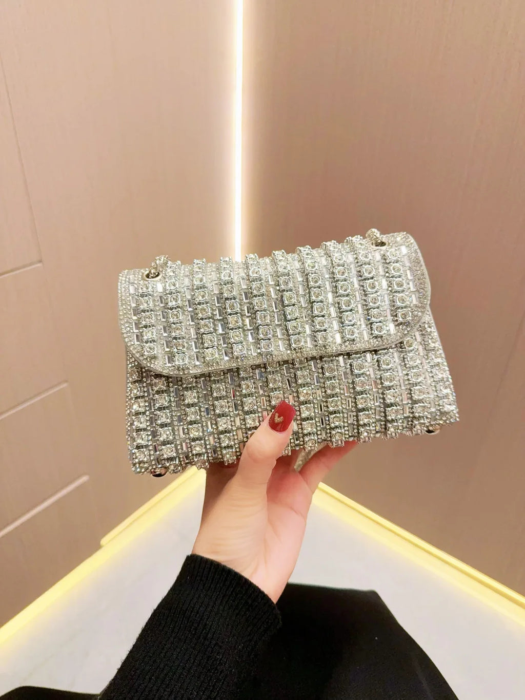 Full Rhinestone Women's Evening Clutch Bag luxury Leather Chain Handbag Elegant Wedding Party Diamond Wallet Rectangular Purse