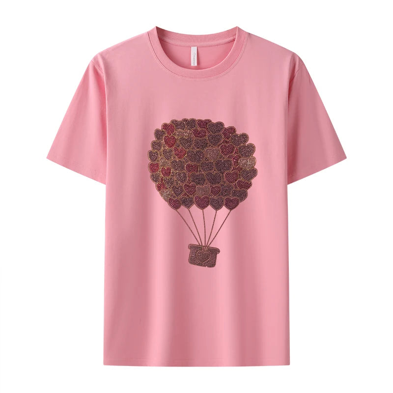 Super flash love balloon hot diamond women's T-shirt hot summer short-sleeved diamond shiny lady round collar cotton T-shirt