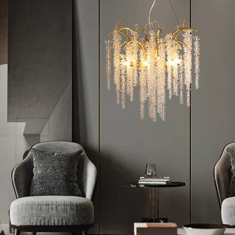 Morden LED Art Strip Crystal Ceiling Chandeliers Branch Pendant Lamp Villa Hall Hanging Light Home Decor Lustre Lighting Fixture