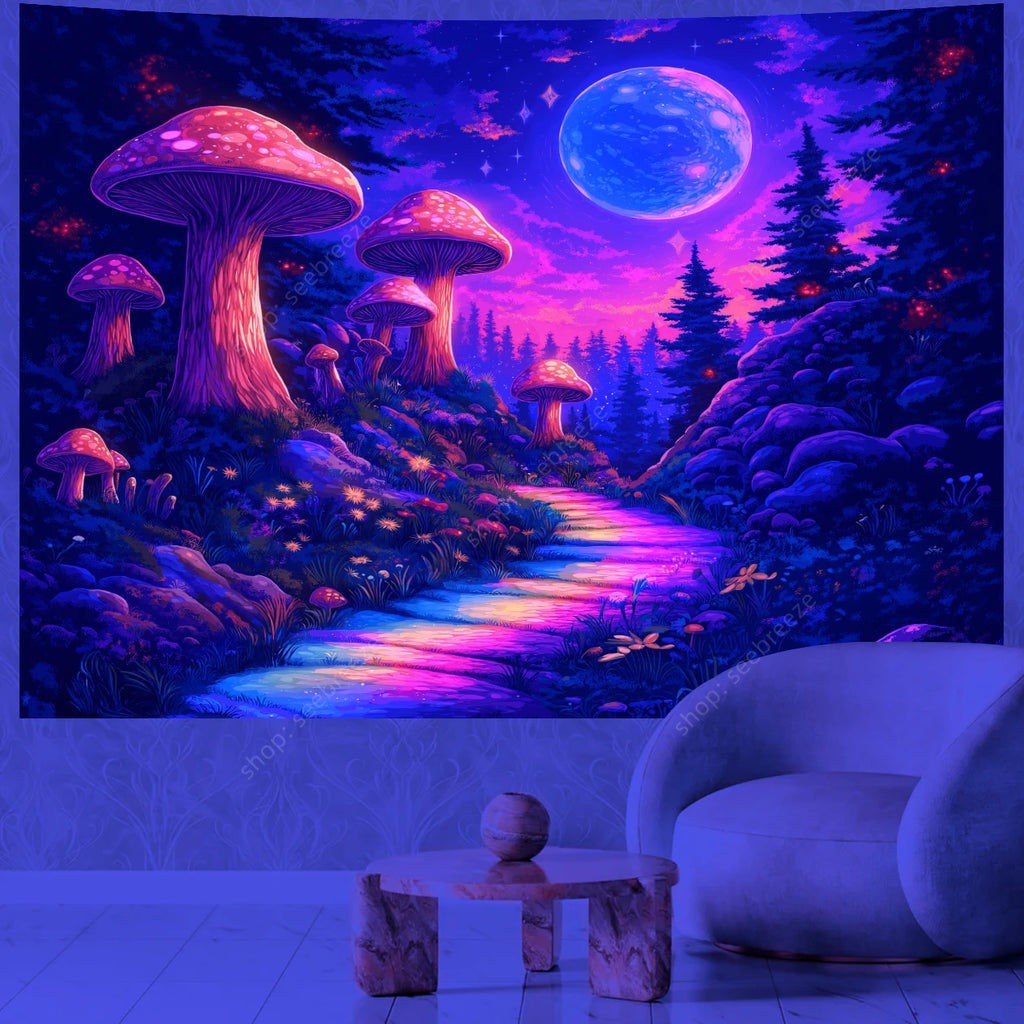 Fantasy Mushroom UV Reactive Tapestry Beautiful Floral Plant Tapestry Wall Hanging Gothic Home Wall Decor Room Decor Aesthetic