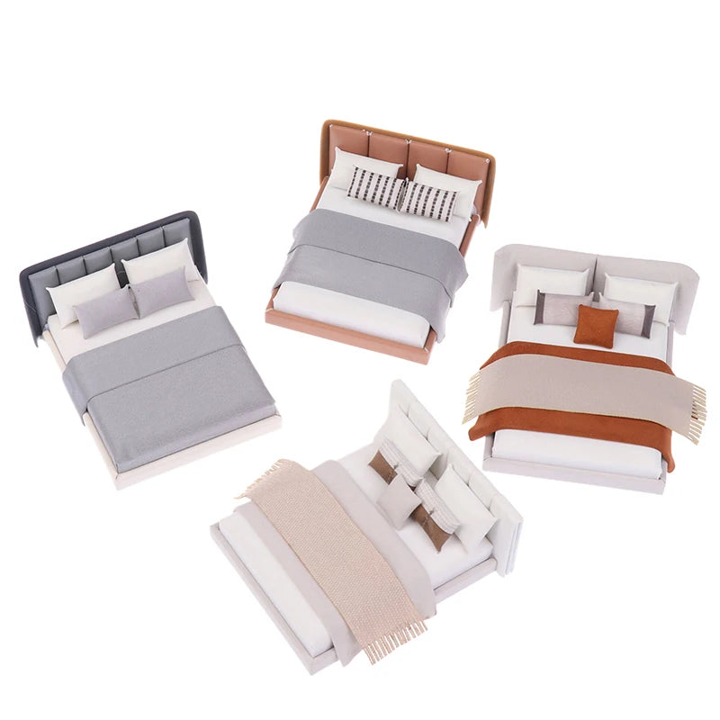 Dollhouse Cream Color Double Bed Model For Bedroom Micro Landscape Scene Miniature Furniture Doll Accessories