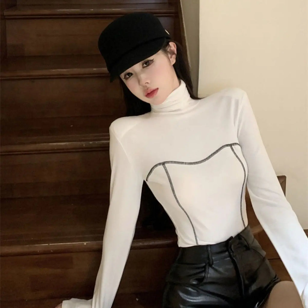 Women's Clothing Autumn Winter Korean Fashion High Collar Y2K Sexy Basic T-shirts Elegant Chic Black White Long Sleeve Slim Tops