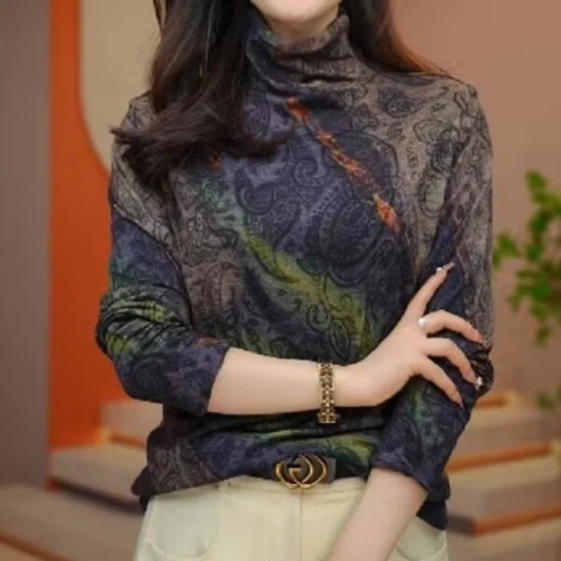 Women's Clothing Autumn Winter Vintage Print Thick Warm Basic T-shirts Female Elegant High Collar Long Sleeve Slim Pullover Tops