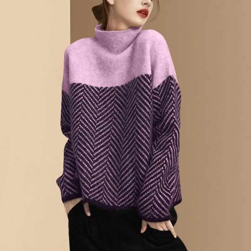 Women's Clothing Contrast Color High-neck Knitted Pullover Sweater for Women Autumn Winter Casual Temperament Loose Slimming Top