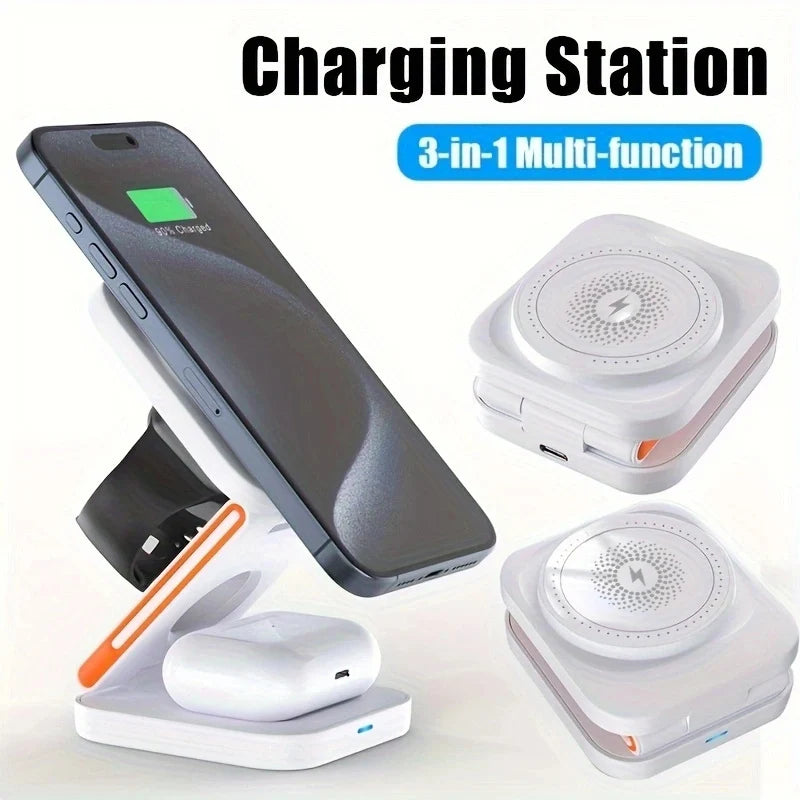 3 in 1 Fast Charging Station Foldable Magnetic Wireless Charger Stand for iPhone 17 16 15 14 13 12 iWatch 10-2 Airpods Pro Max