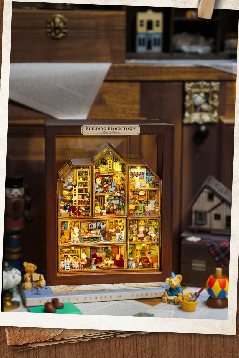 Dollhouse Diy Wooden Miniature Furniture With LED Case 6 complete sets of mini exquisite toy models for building block towns