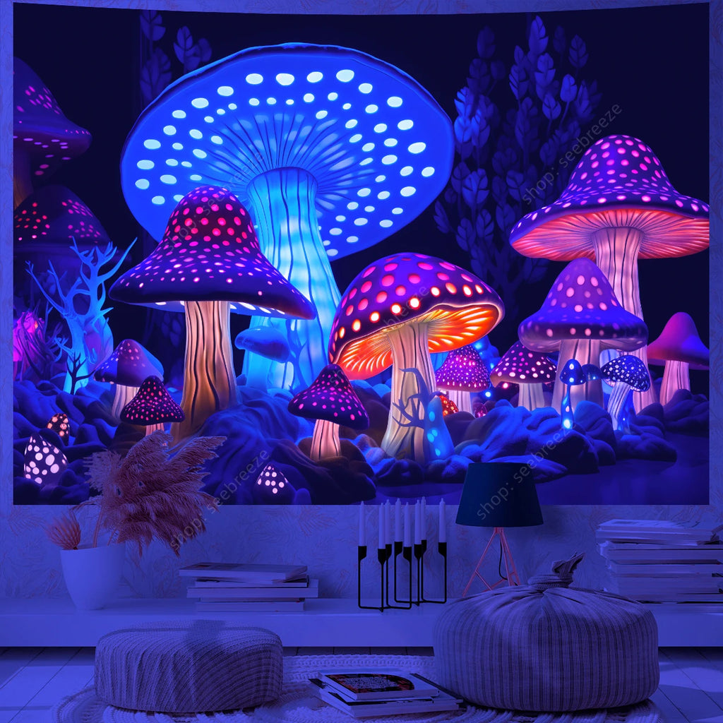 Fantasy Mushroom UV Reactive Tapestry Beautiful Floral Plant Tapestry Wall Hanging Gothic Home Wall Decor Room Decor Aesthetic