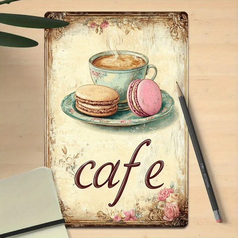 Vintage Cafe Tin Sign, 8x12 Inch Iron Wall Art with Rustic Coffee Design - Perfect for Home, Office, Restaurant Decor