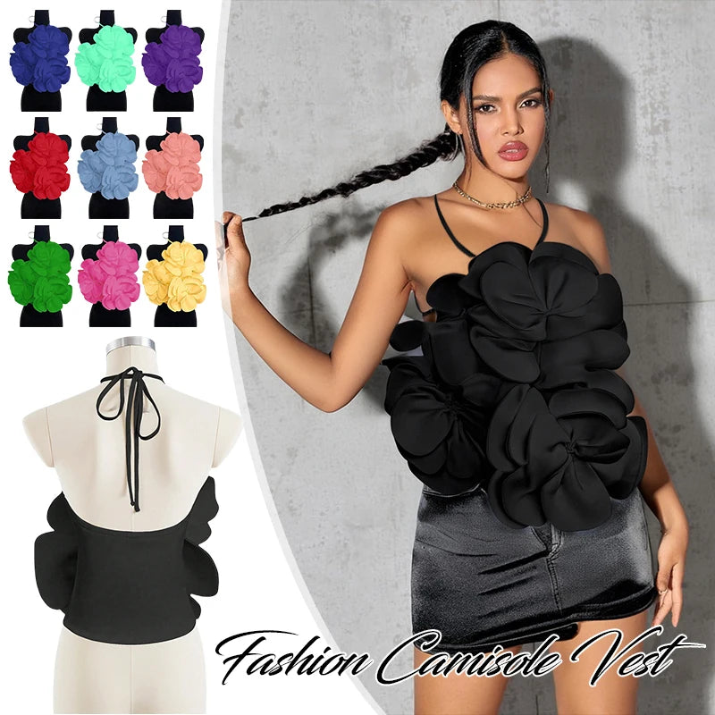 Summer Women 3D Flower Chic Tops Sexy Halter Lace-Up Backless Crop Tops Y2K Camisole Corset Vacation Party Club Beachwear