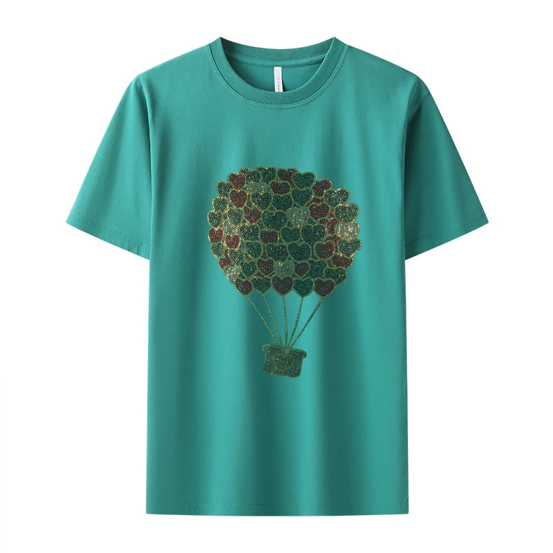 Super flash love balloon hot diamond women's T-shirt hot summer short-sleeved diamond shiny lady round collar cotton T-shirt
