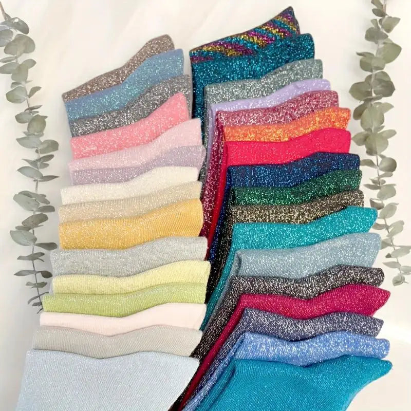 Women's Socks Spring  Japanese-style Gold Silver Thread Socks Solid Color Thin Breathable Mid-calf For Girl Funny Fashion Simple