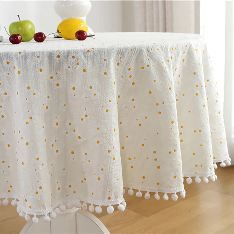 Circular Table Cover for Kitchen Dinning Room Tabletop Decor Round Tablecloth Cotton Table Cloth with Tassel Dust-Proof Floret