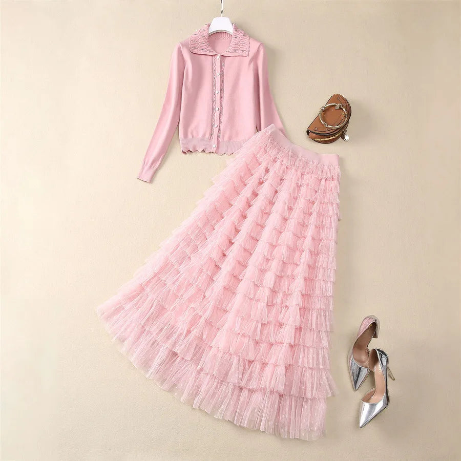 European and American women's clothing 2025 spring new Long sleeve beaded pink sweater Gauze cake skirt Fashion suit