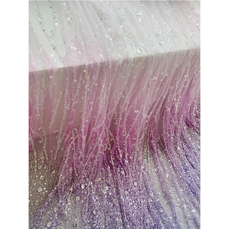 Pink Gradient Studded Sequin Fabric for Wedding Dresses Dance Costumes Stage Costumes Designer Fabrics for Sewing
