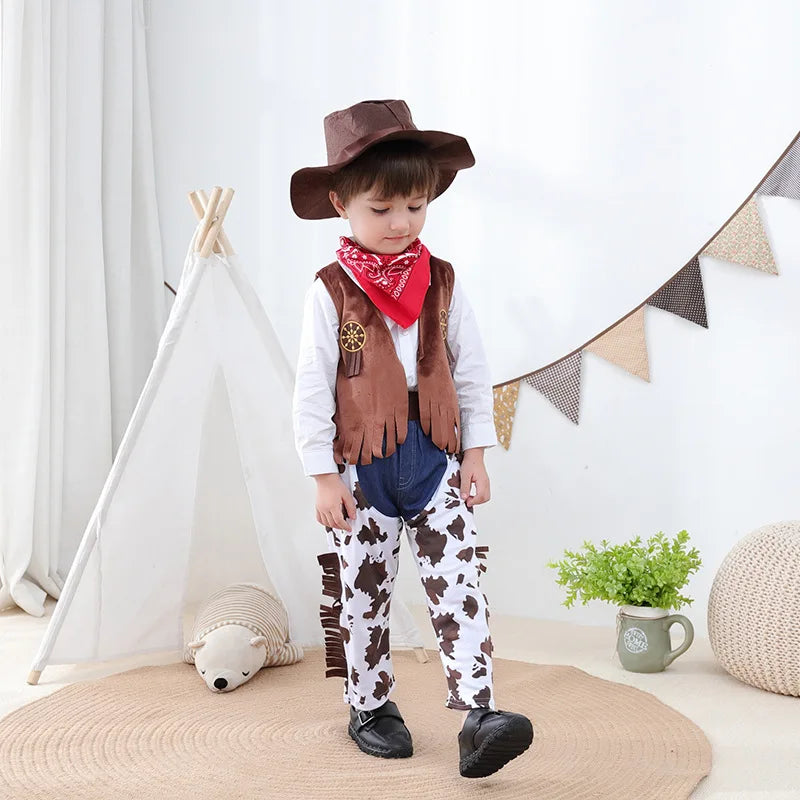 Cowboy Costume Children Western Cowboy Costumes Purim Cosplay Halloween Event Dress Up Party Stage Performance Outfits