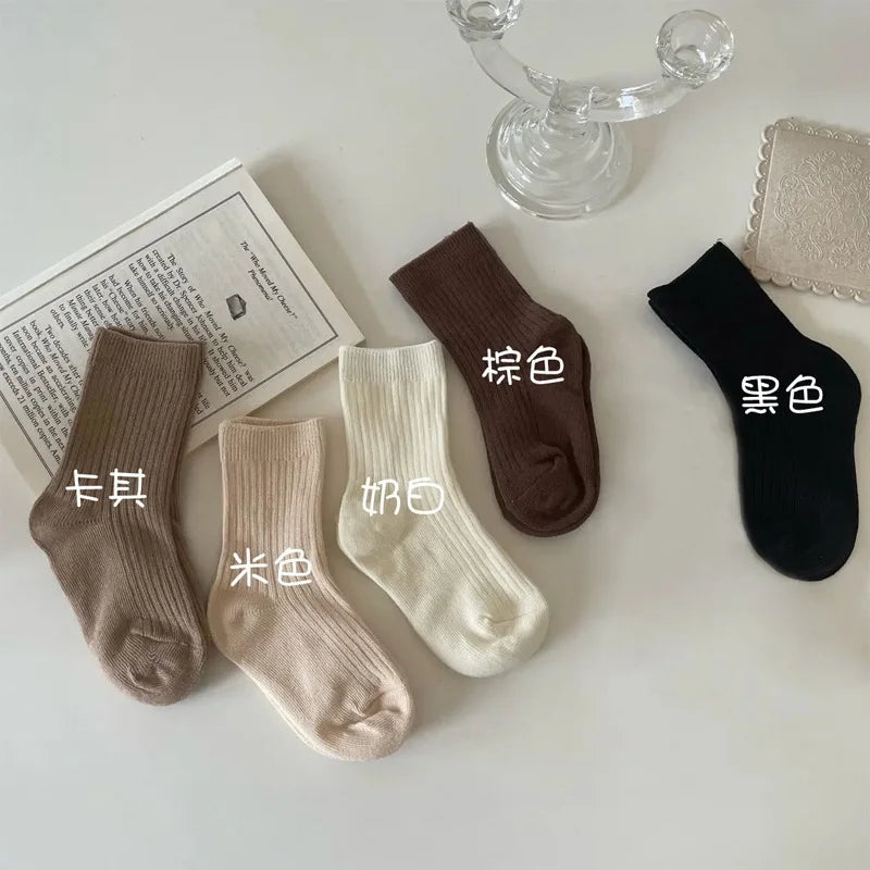 5-Pair Children's Socks for Boys Kids Mid-Calf Suitable for Spring Autumn and Winter Solid Color Student/Baby Boy School Style